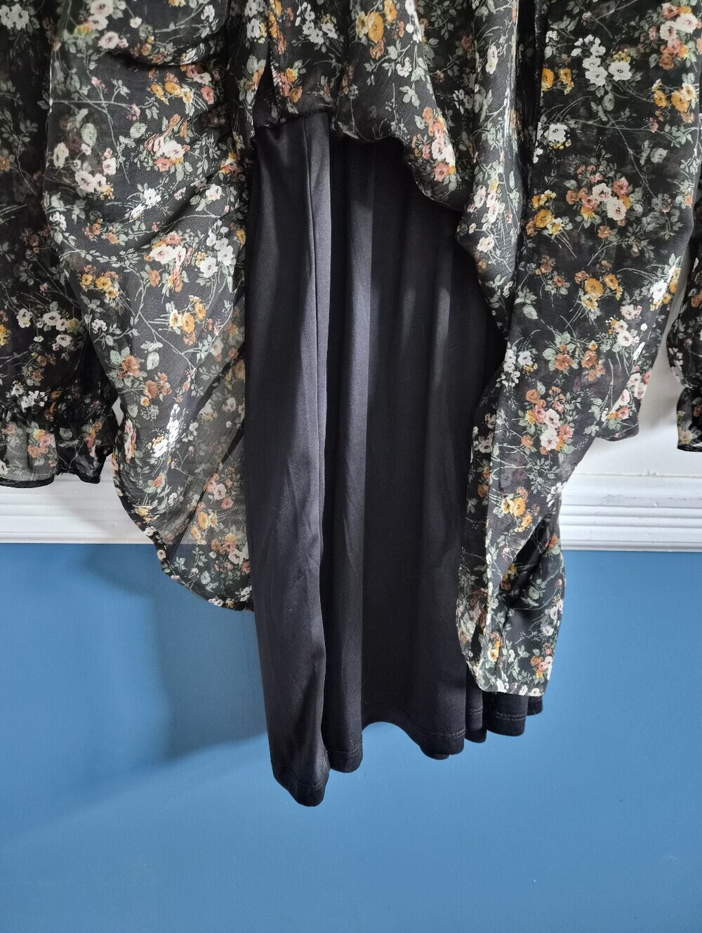 Dex Black Floral Chiffon Boho Long Sleeve Mini Dress, Medium, Cottagecore Vibes - Picture 12 of 14